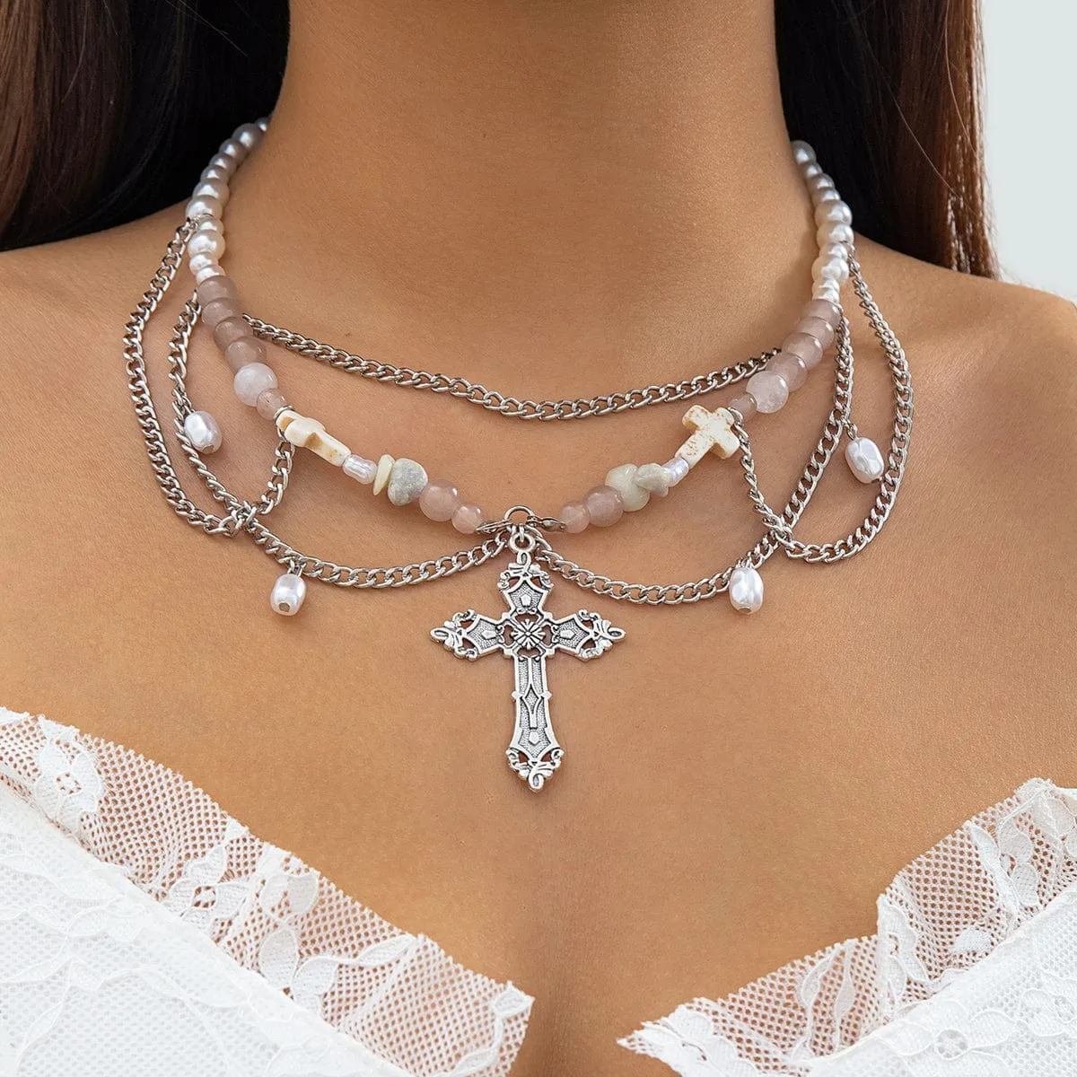 Chic Layered Cross Pendant Turquoise Pearl Chain Tassel Necklace