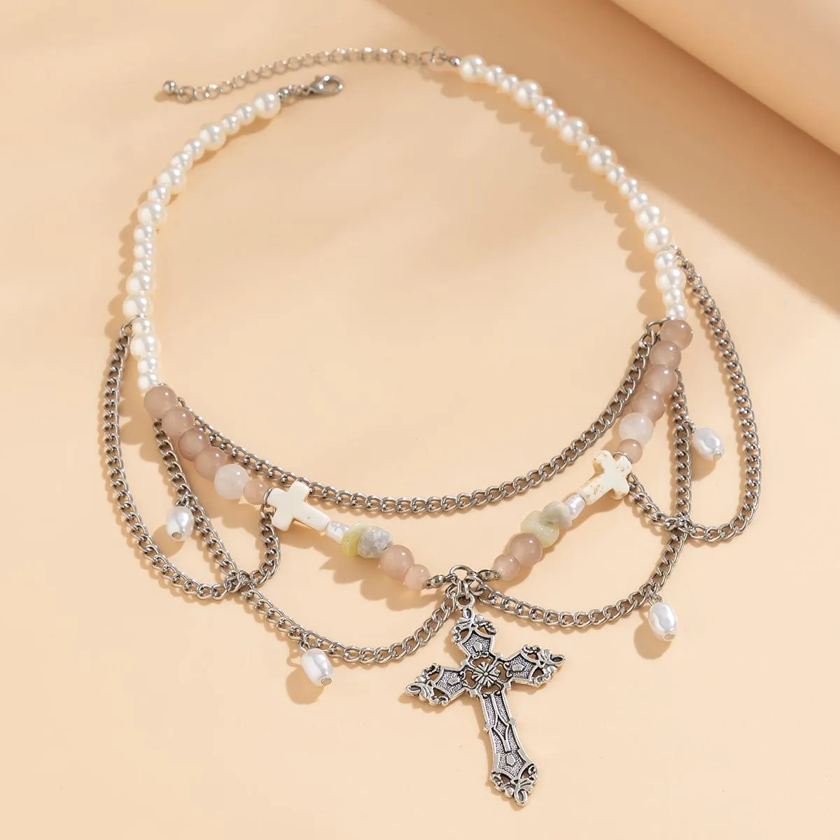 Chic Layered Cross Pendant Turquoise Pearl Chain Tassel Necklace