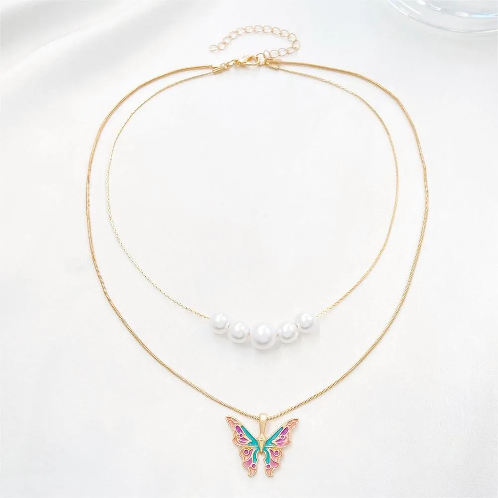 Chic Layered Pearl Charm Enamel Butterfly Necklace