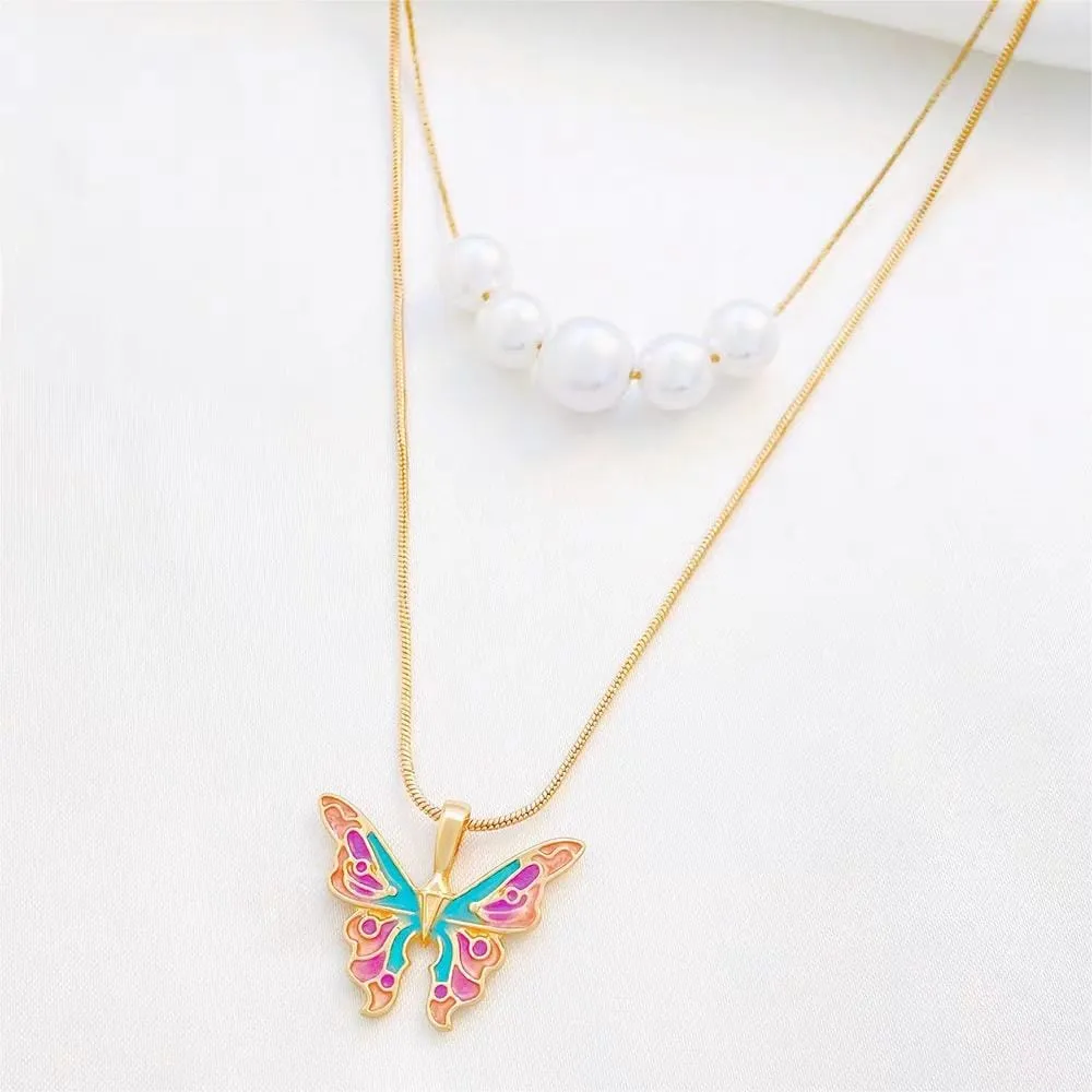 Chic Layered Pearl Charm Enamel Butterfly Necklace