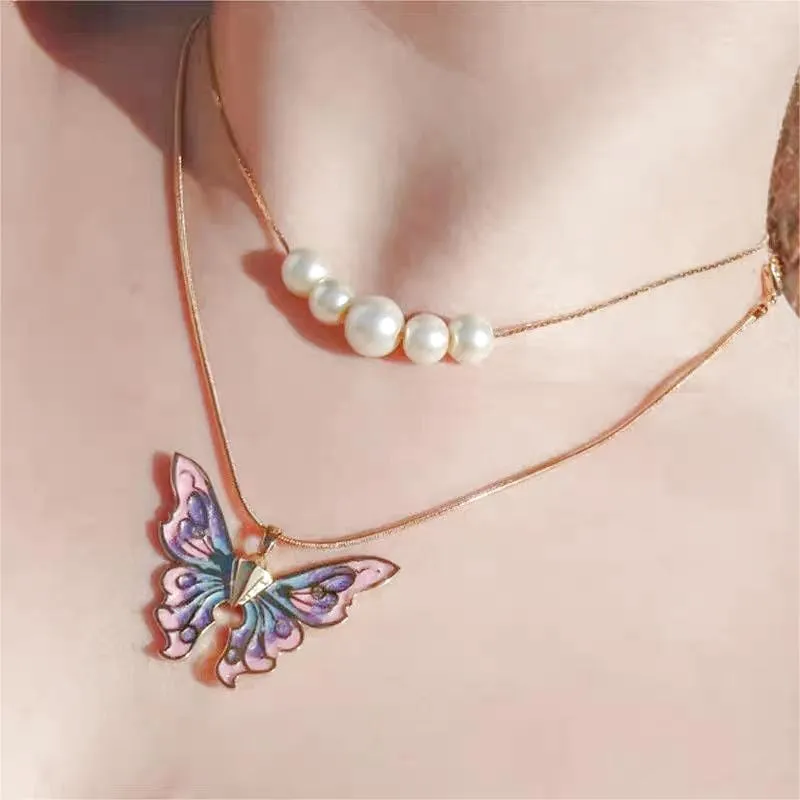 Chic Layered Pearl Charm Enamel Butterfly Necklace