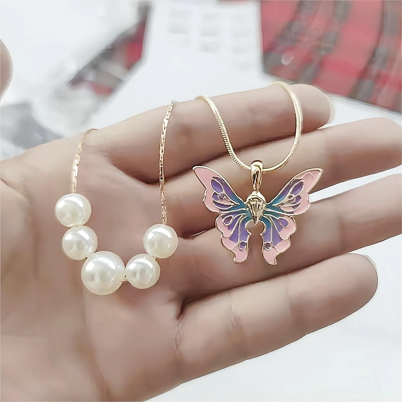 Chic Layered Pearl Charm Enamel Butterfly Necklace