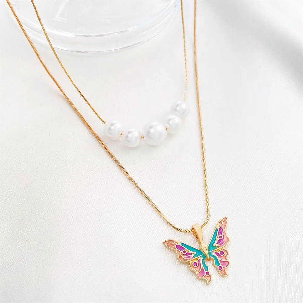 Chic Layered Pearl Charm Enamel Butterfly Necklace