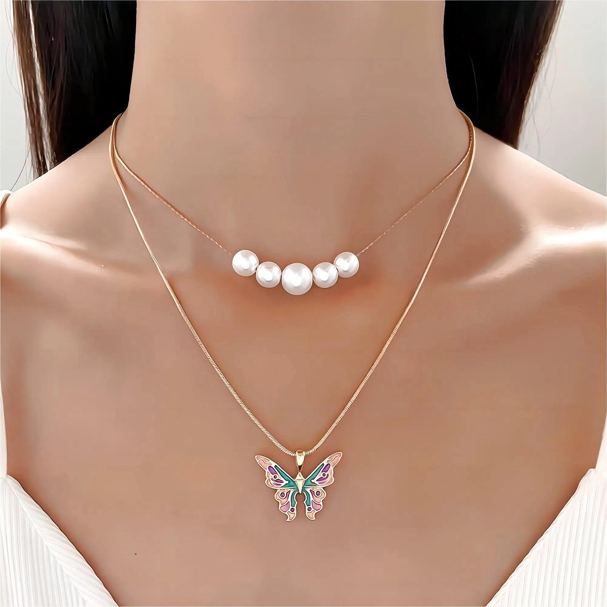 Chic Layered Pearl Charm Enamel Butterfly Necklace