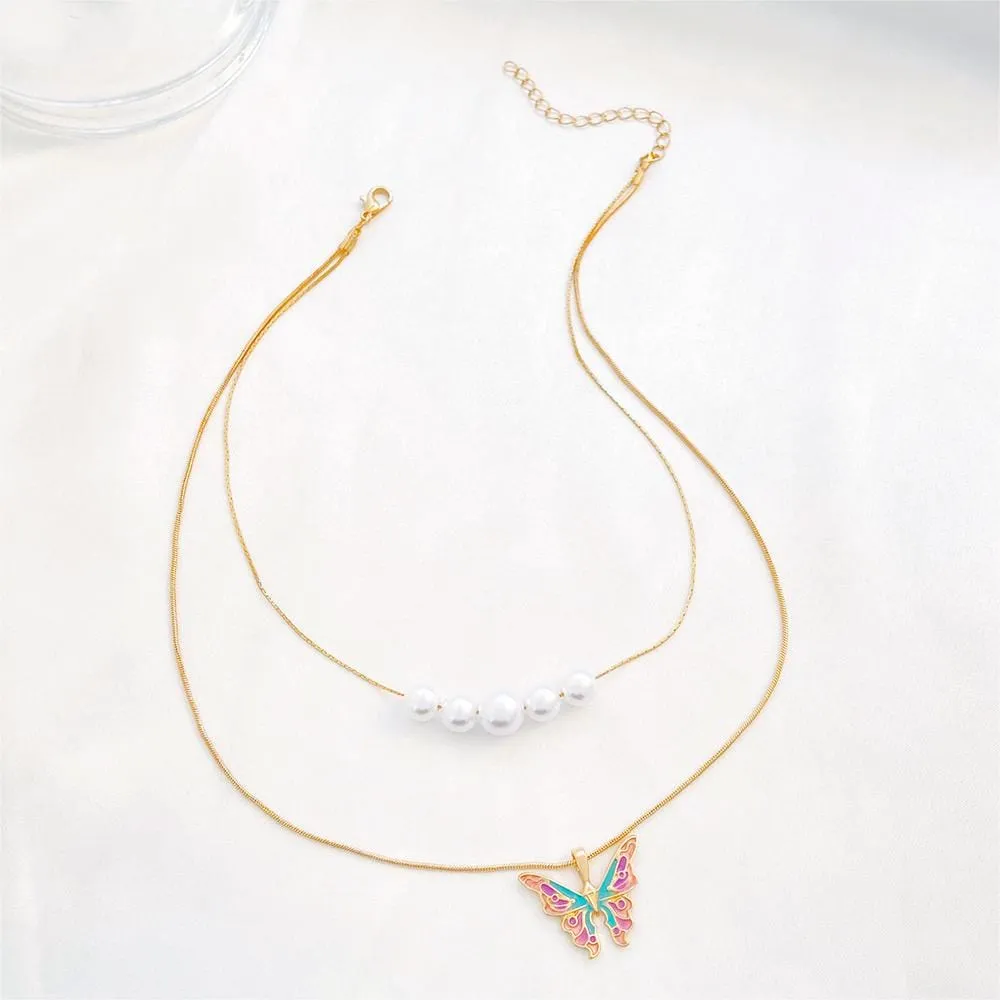 Chic Layered Pearl Charm Enamel Butterfly Necklace