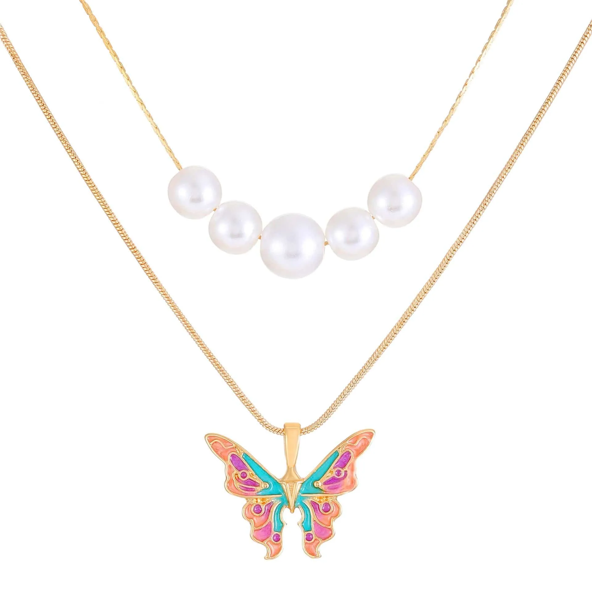 Chic Layered Pearl Charm Enamel Butterfly Necklace
