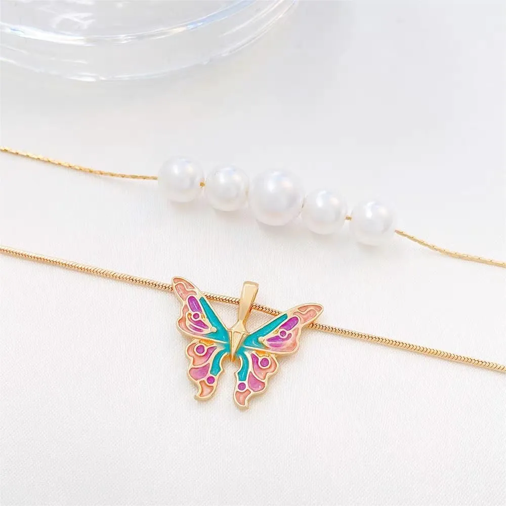 Chic Layered Pearl Charm Enamel Butterfly Necklace