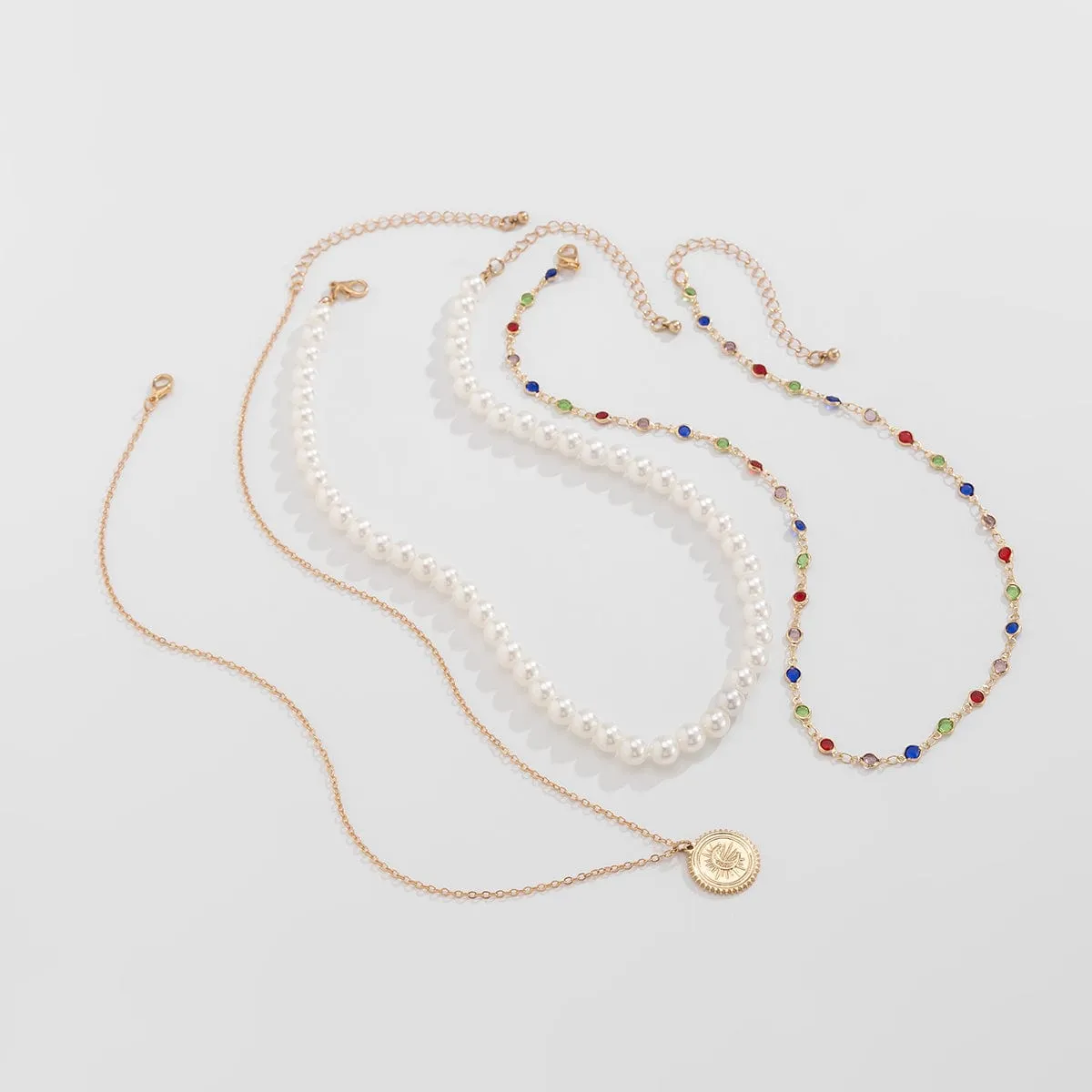 Chic Layered Relief Round Disk Pendant Crystal Pearl Chain Necklace Set