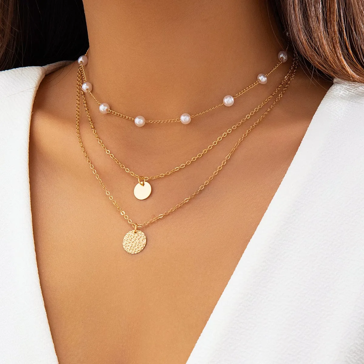 Chic Layered Round Disk Pendant Pearl Chain Necklace Set