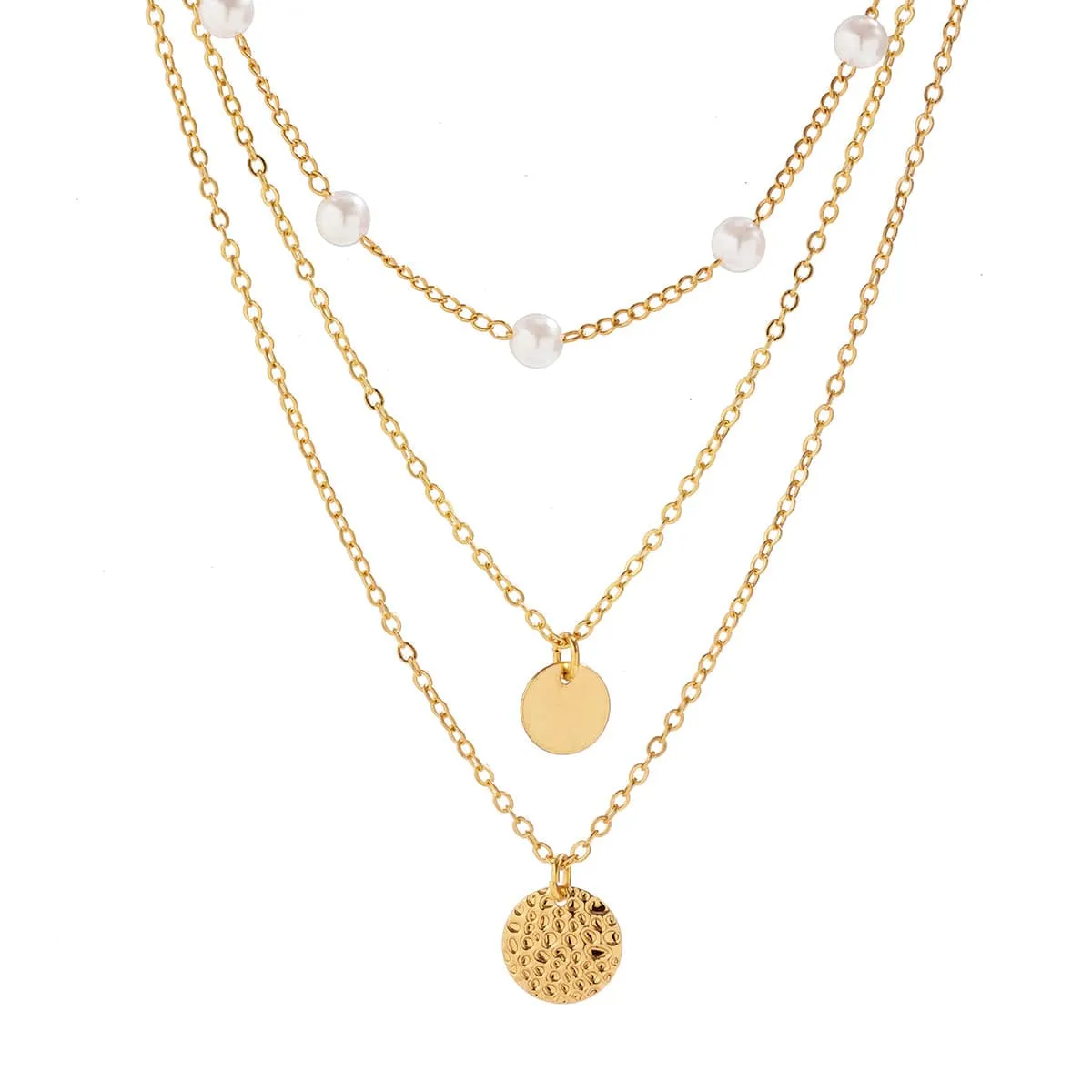 Chic Layered Round Disk Pendant Pearl Chain Necklace Set