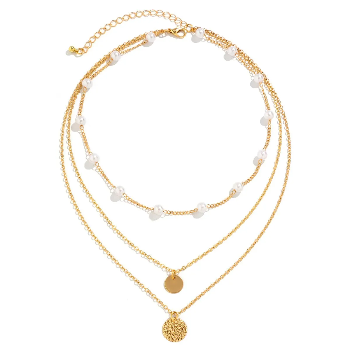 Chic Layered Round Disk Pendant Pearl Chain Necklace Set