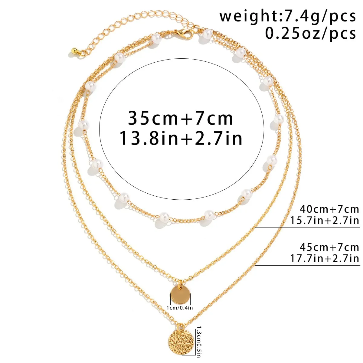 Chic Layered Round Disk Pendant Pearl Chain Necklace Set