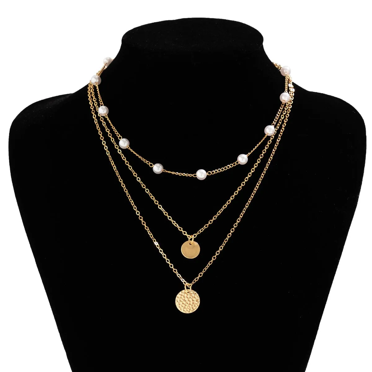 Chic Layered Round Disk Pendant Pearl Chain Necklace Set