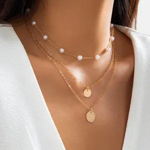Chic Layered Round Disk Pendant Pearl Chain Necklace Set