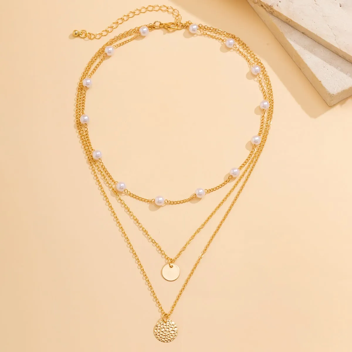Chic Layered Round Disk Pendant Pearl Chain Necklace Set