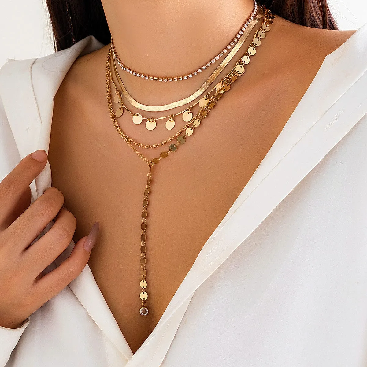 Chic Layered Sequins Tassel CZ Inlaid Y Necklace Set