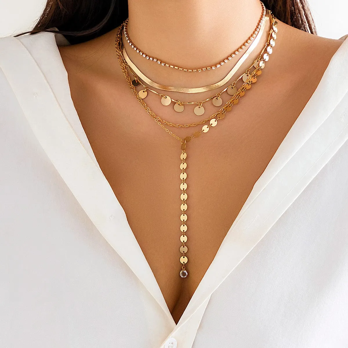 Chic Layered Sequins Tassel CZ Inlaid Y Necklace Set