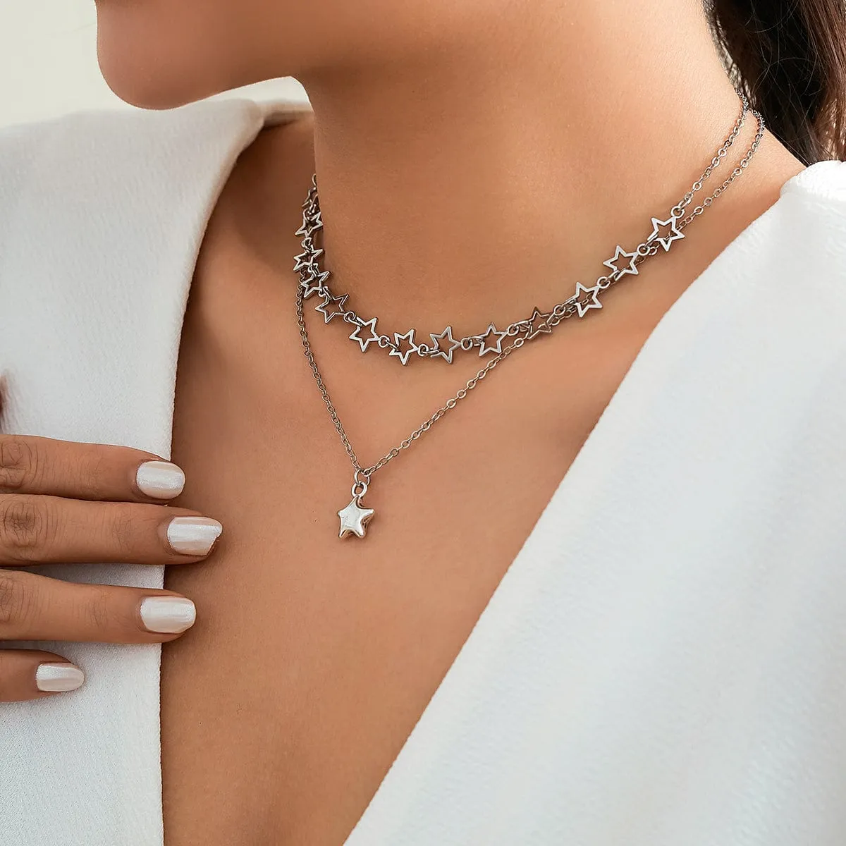 Chic Layered Star Pendant Pentagon Chain Necklace Set
