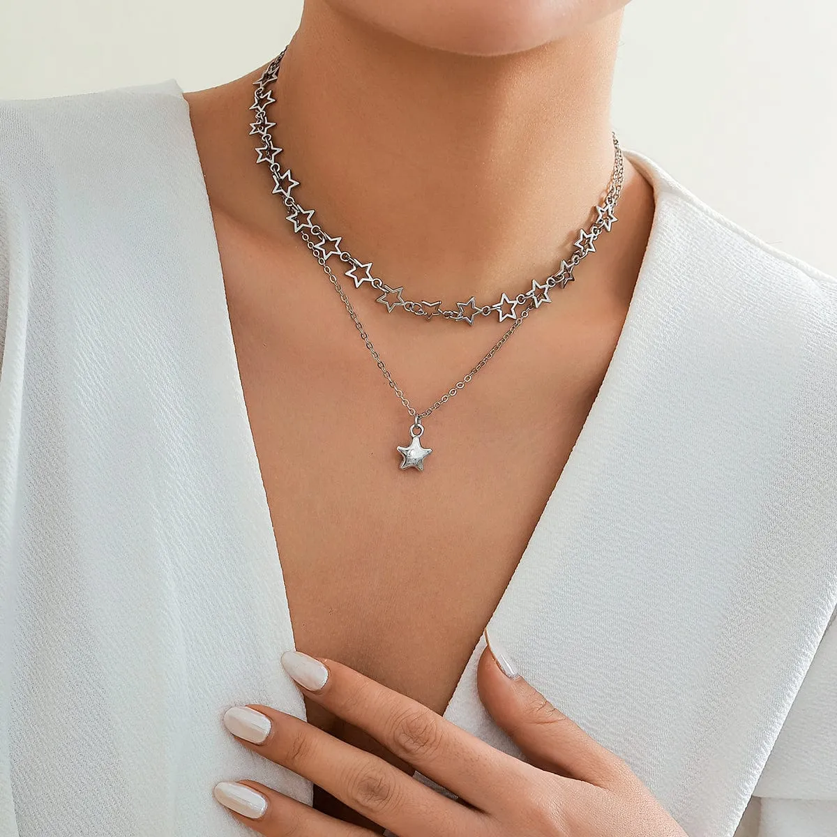 Chic Layered Star Pendant Pentagon Chain Necklace Set