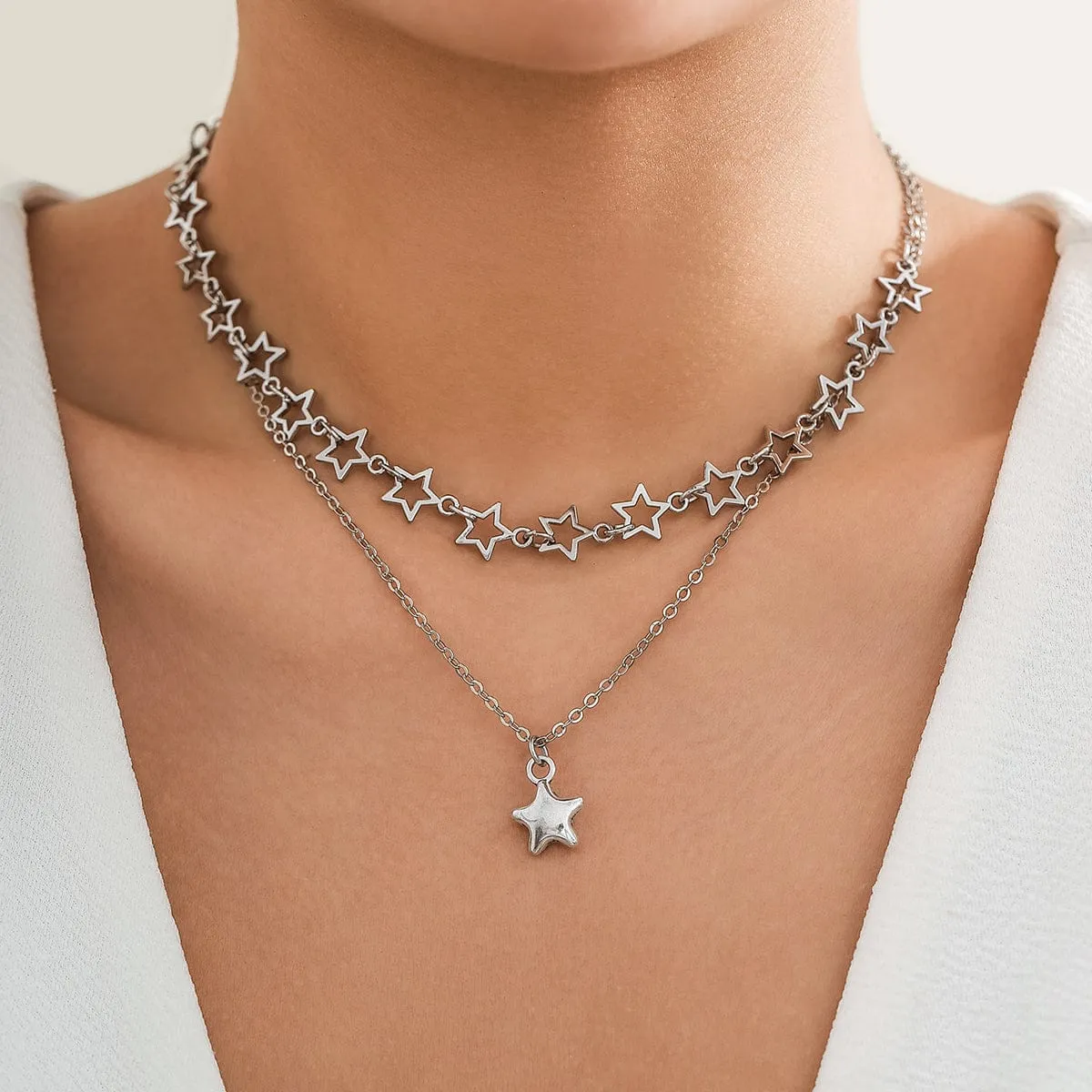 Chic Layered Star Pendant Pentagon Chain Necklace Set