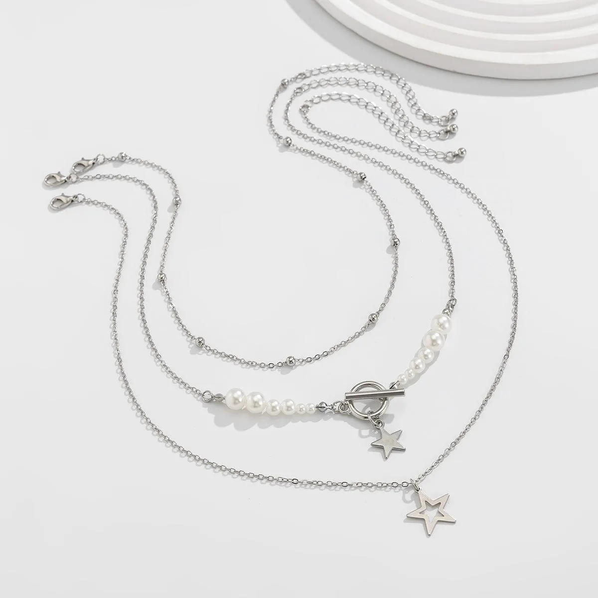 Chic Layered Toggle Clasp Star Charm Pearl Chain Necklace Set