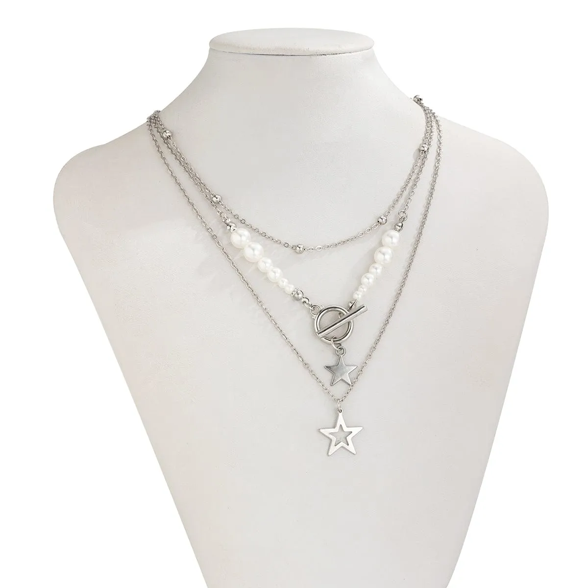 Chic Layered Toggle Clasp Star Charm Pearl Chain Necklace Set