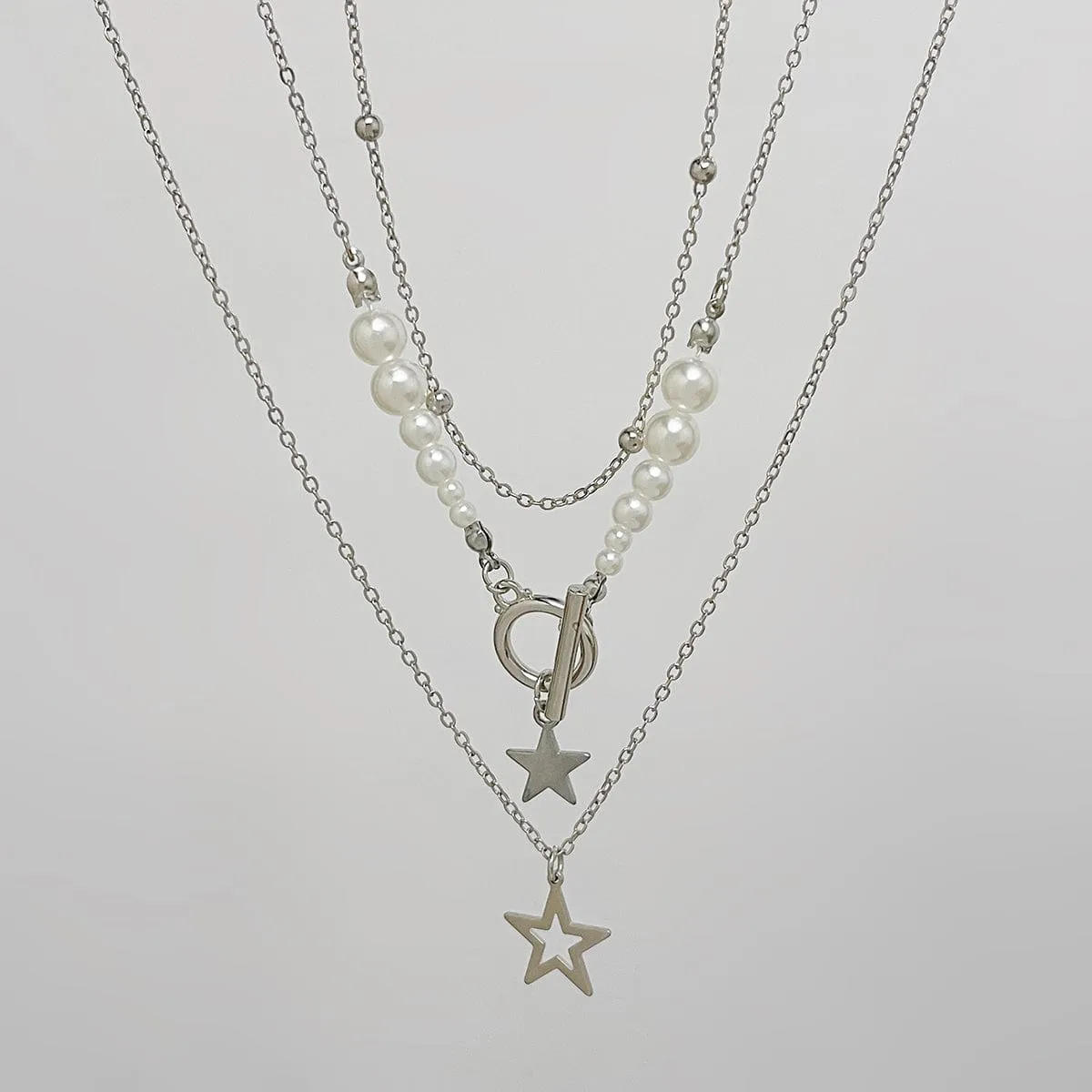 Chic Layered Toggle Clasp Star Charm Pearl Chain Necklace Set