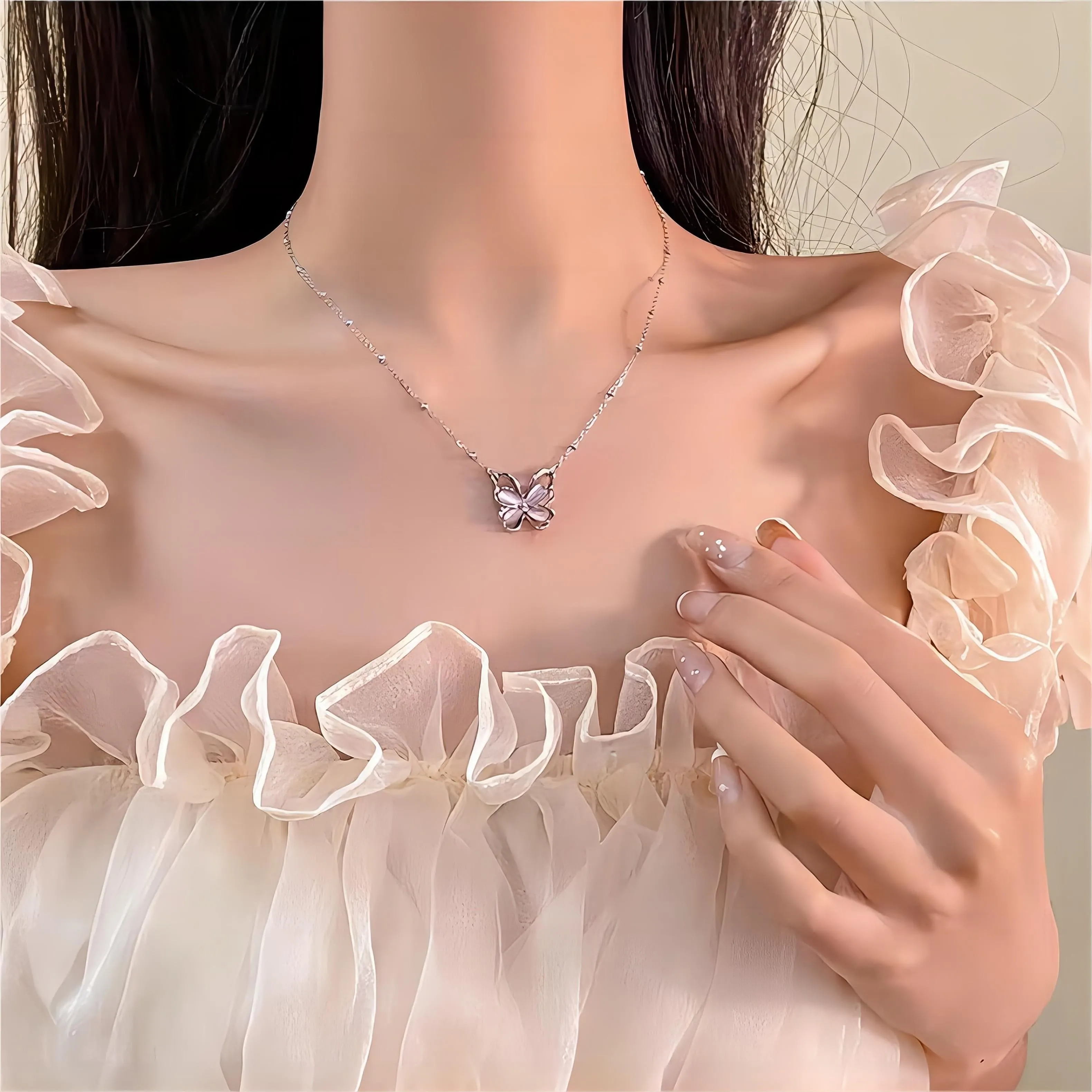 Chic Pink Cats Eye Stone Butterfly Necklace