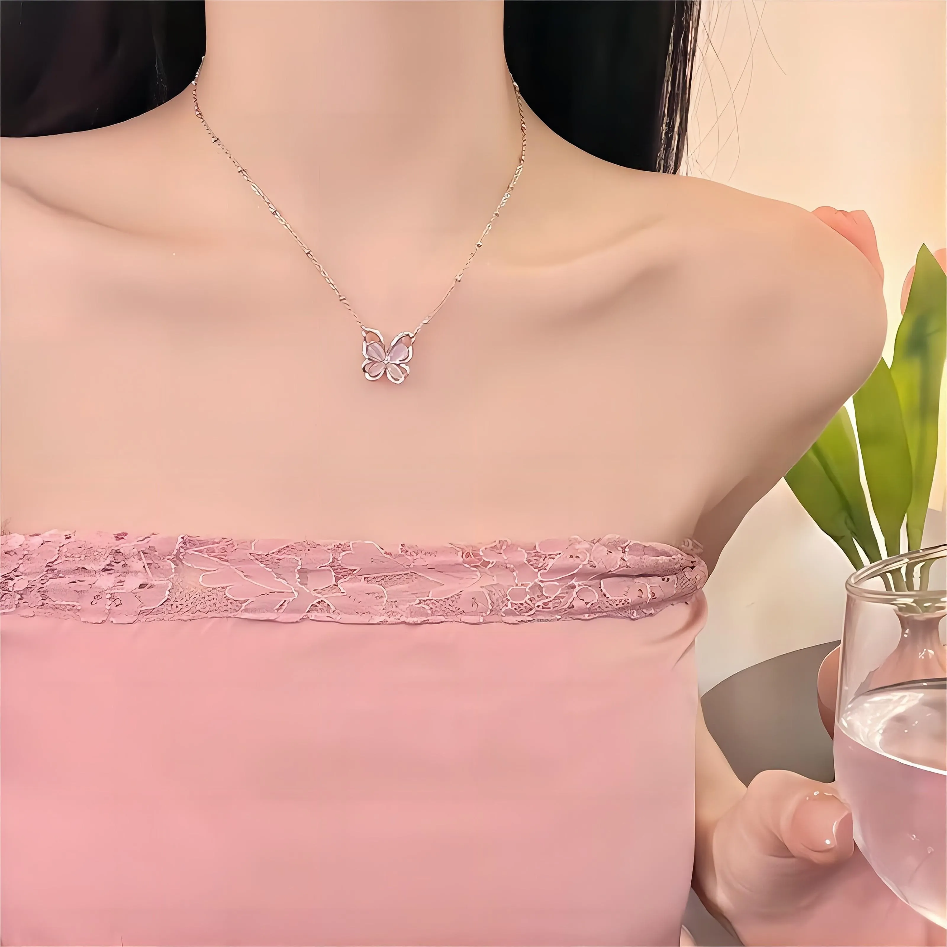 Chic Pink Cats Eye Stone Butterfly Necklace