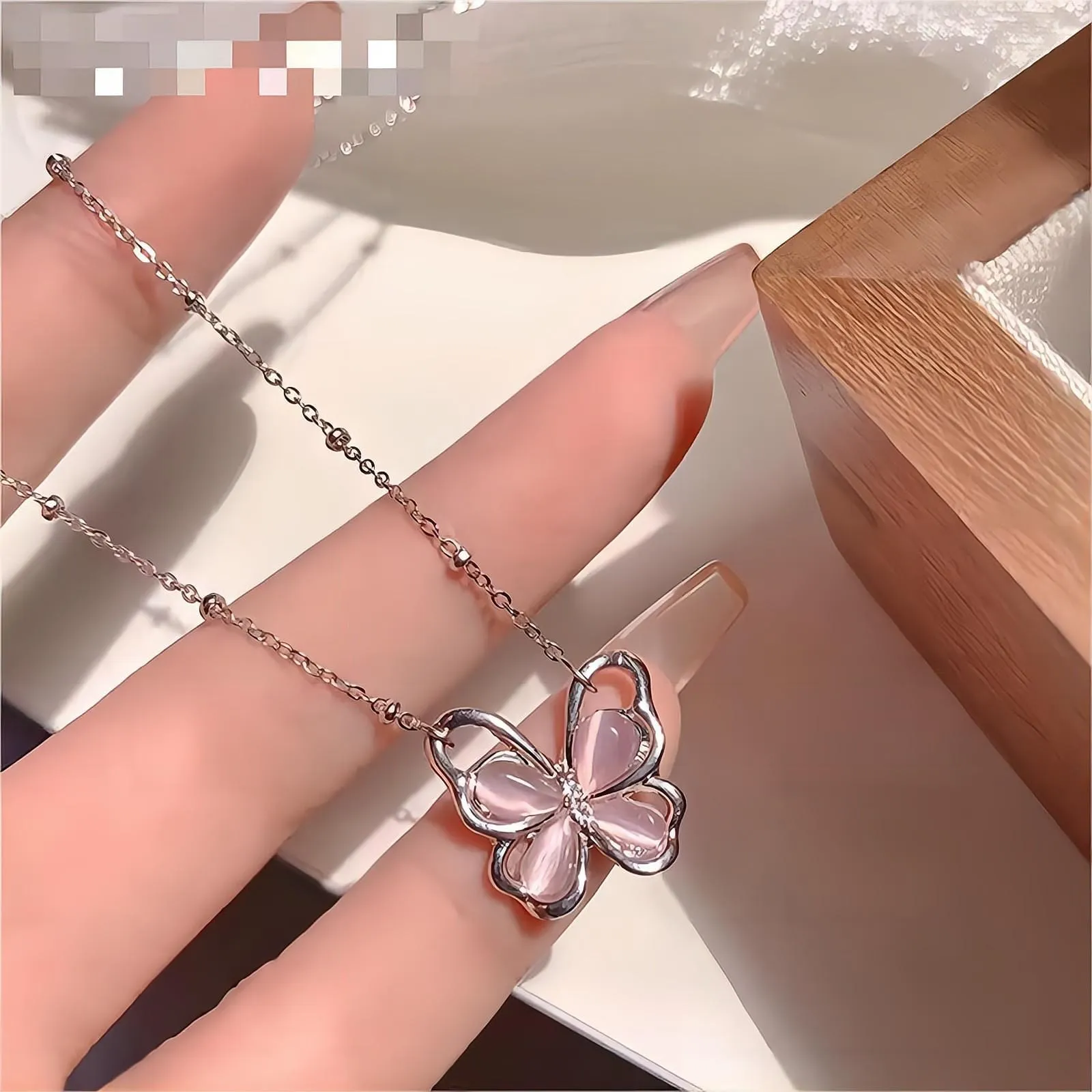 Chic Pink Cats Eye Stone Butterfly Necklace