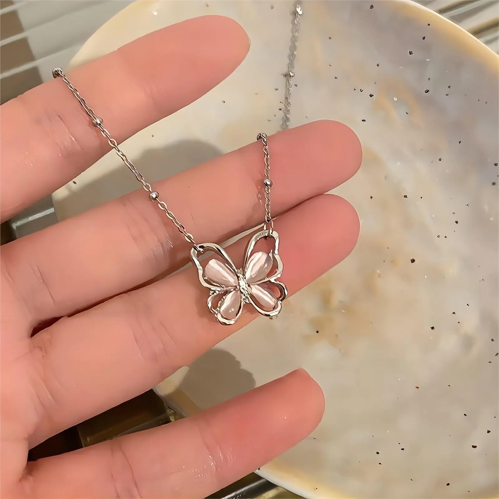 Chic Pink Cats Eye Stone Butterfly Necklace