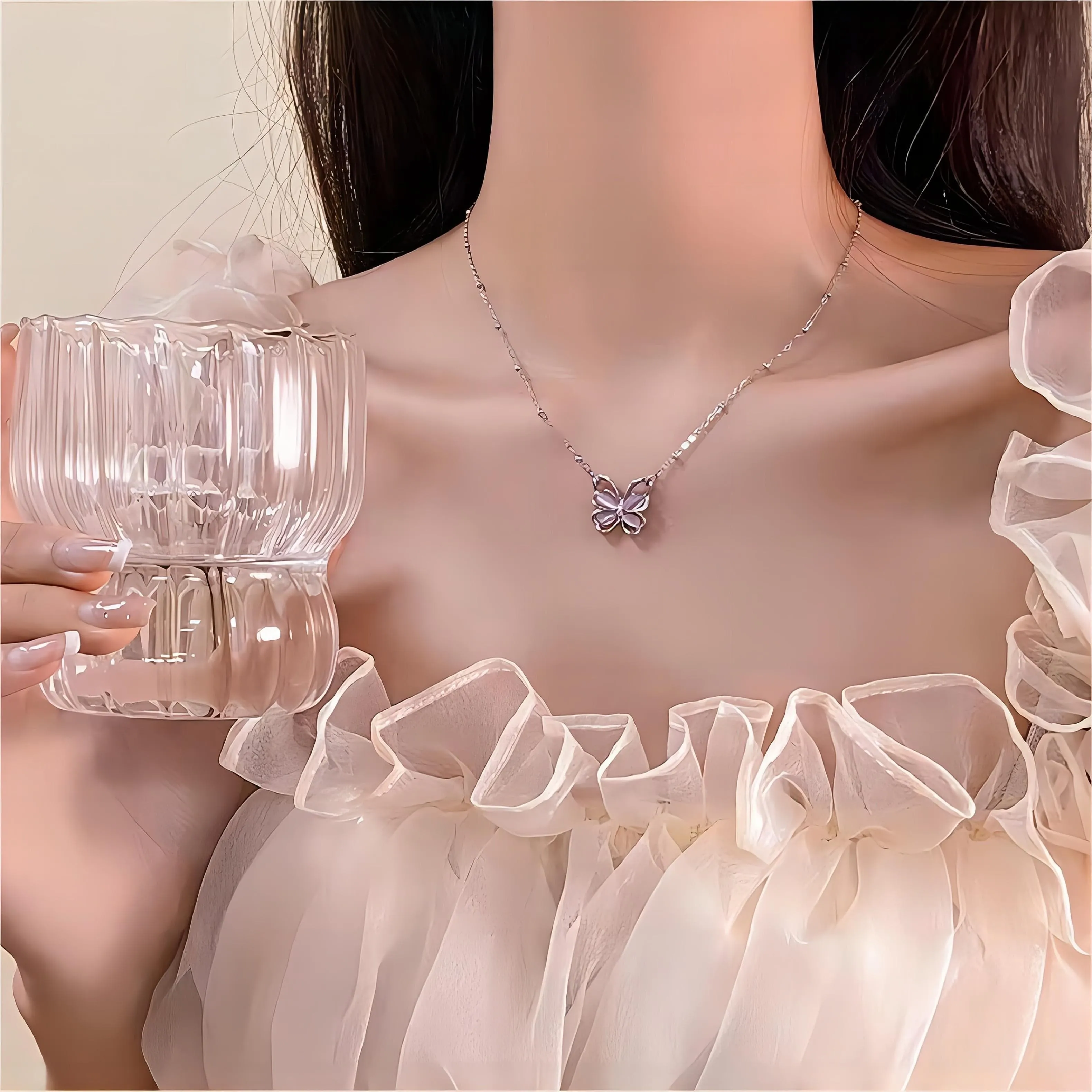 Chic Pink Cats Eye Stone Butterfly Necklace