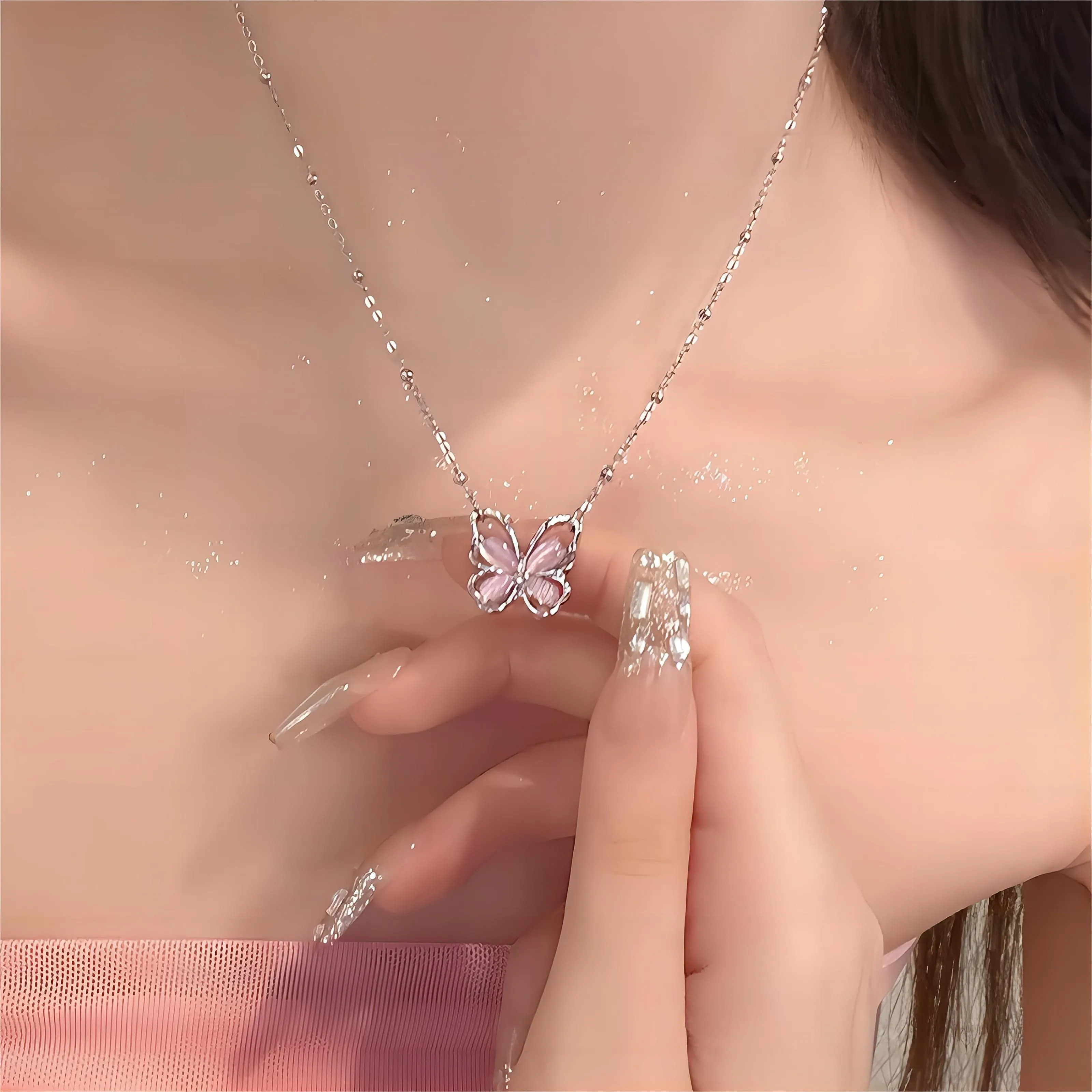 Chic Pink Cats Eye Stone Butterfly Necklace