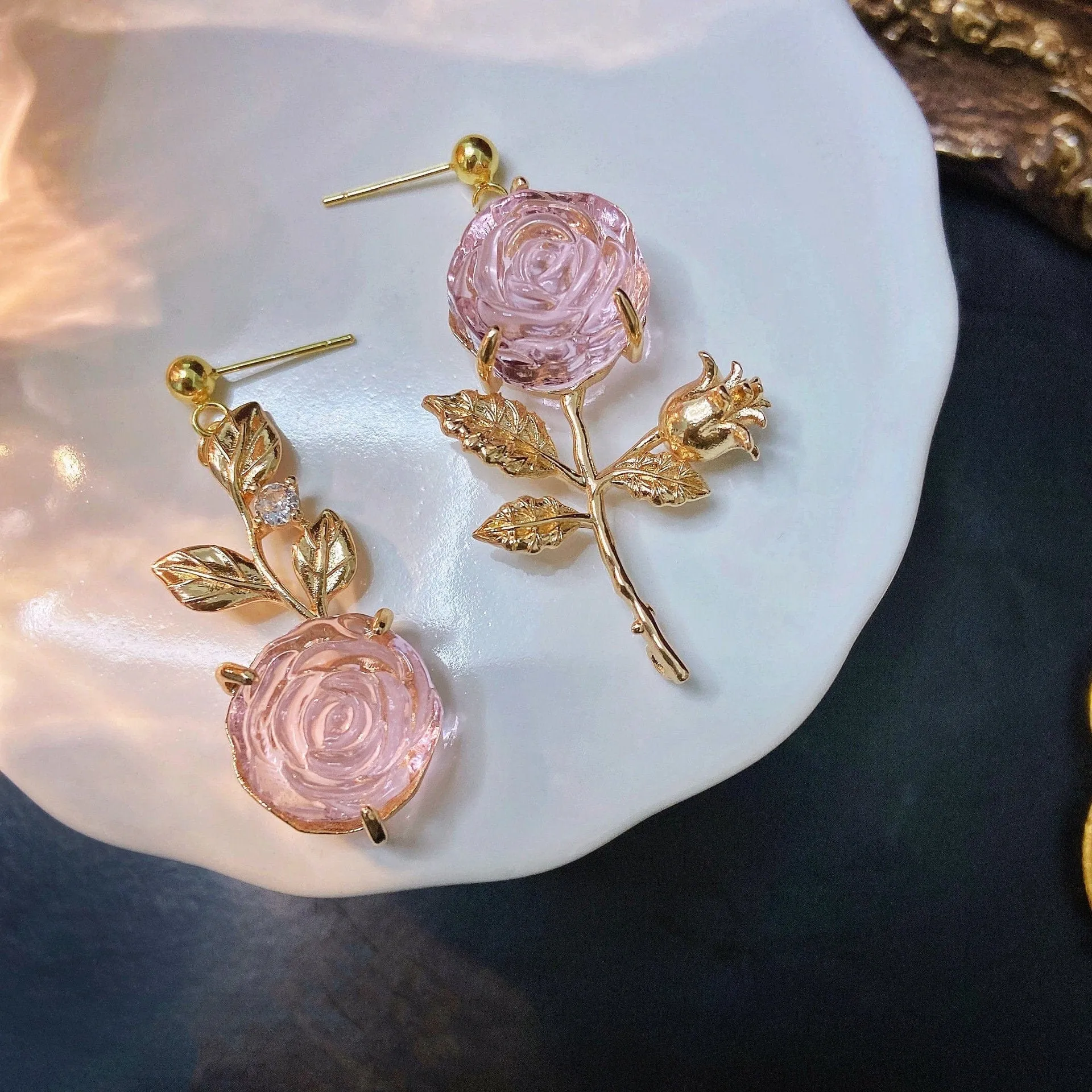 Chic Pink Crystal Rose Earrings