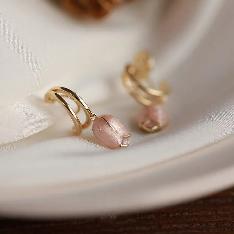 Chic Pink Enamel Tulip Hoop Earrings