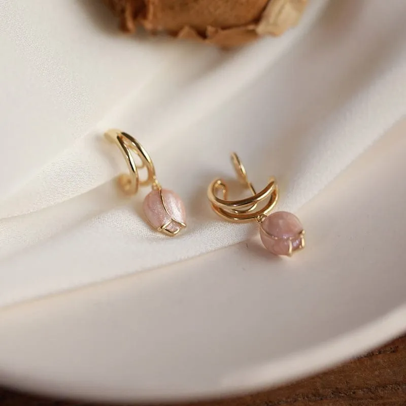 Chic Pink Enamel Tulip Hoop Earrings