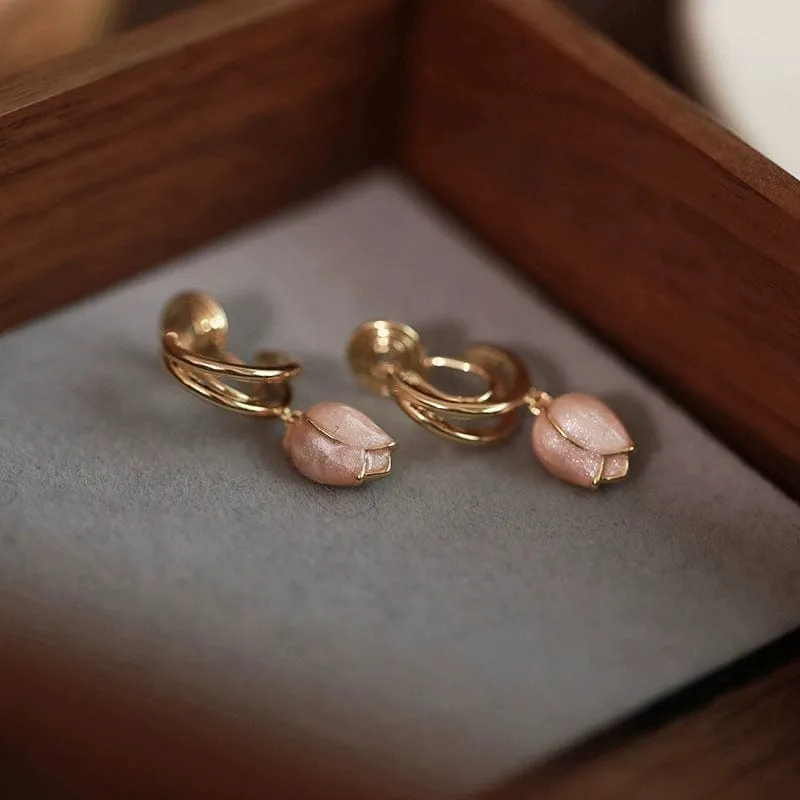 Chic Pink Enamel Tulip Hoop Earrings