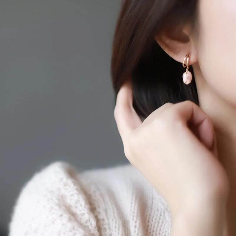 Chic Pink Enamel Tulip Hoop Earrings