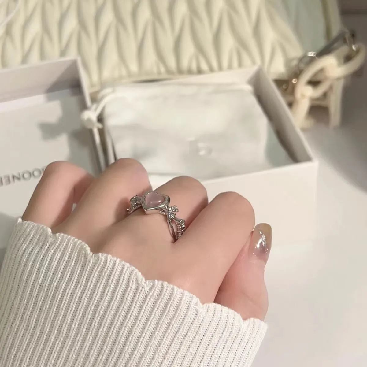 Chic Pink Opal Heart Ring