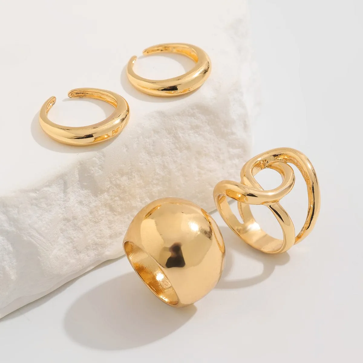 Chunky 4pcs Gold Silver Tone Irregular Curved Ring Set