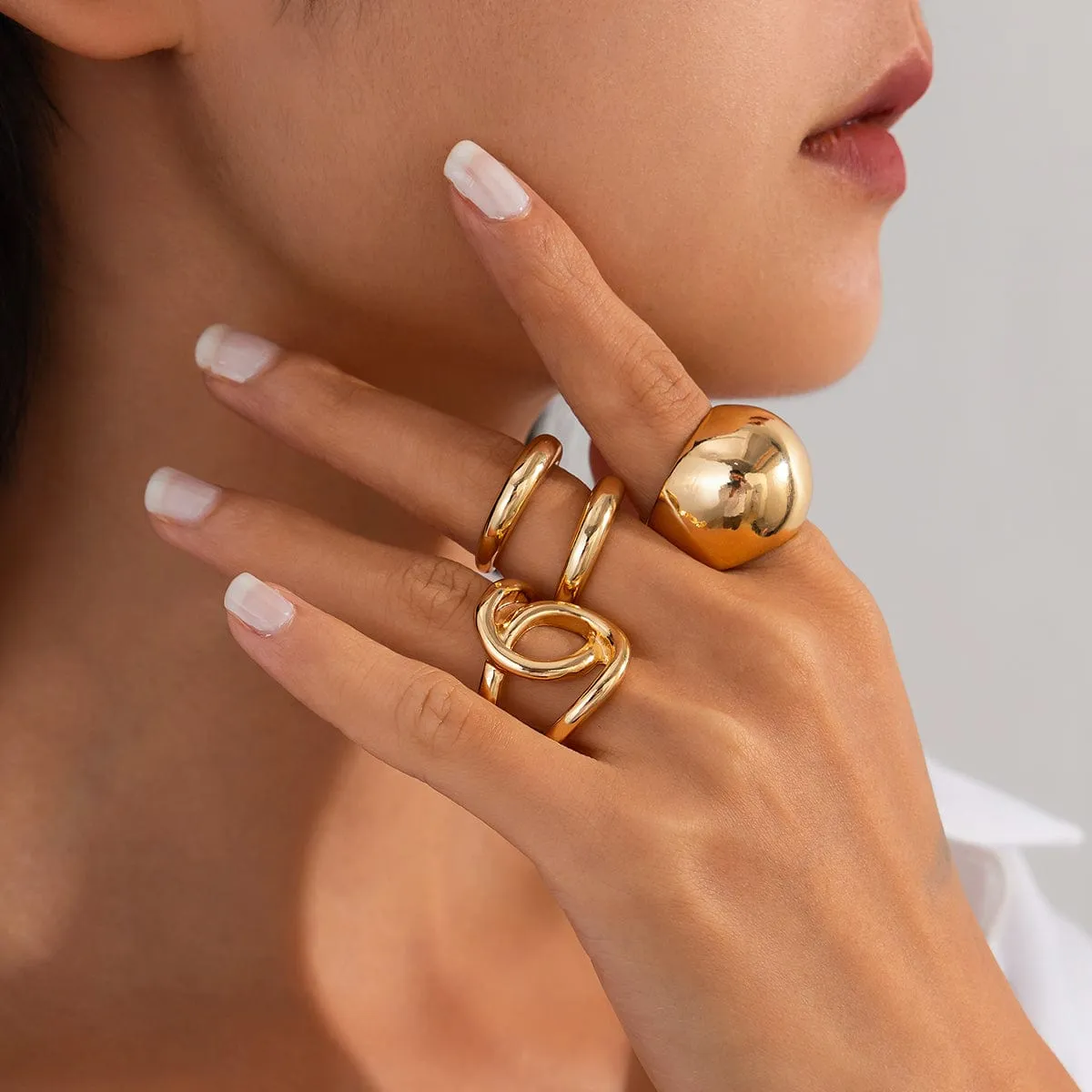 Chunky 4pcs Gold Silver Tone Irregular Curved Ring Set