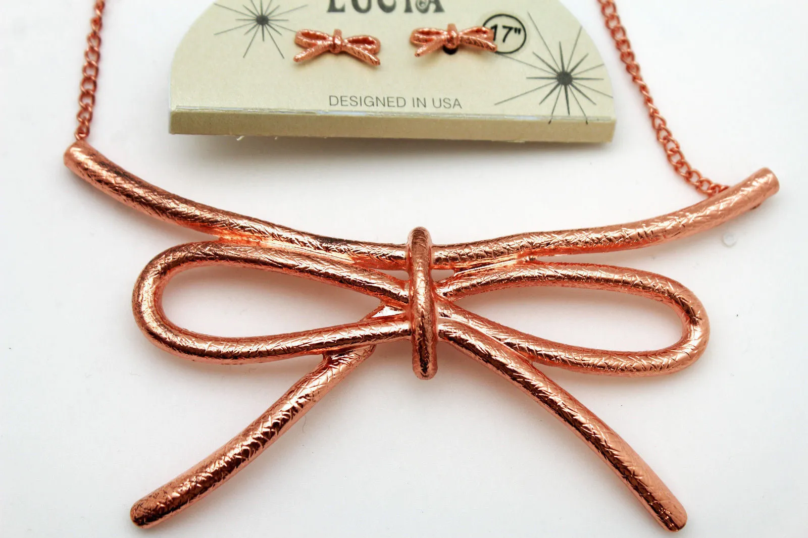 Copper Silver Chain Knot Bow Tie Charm Necklace Earrings Set