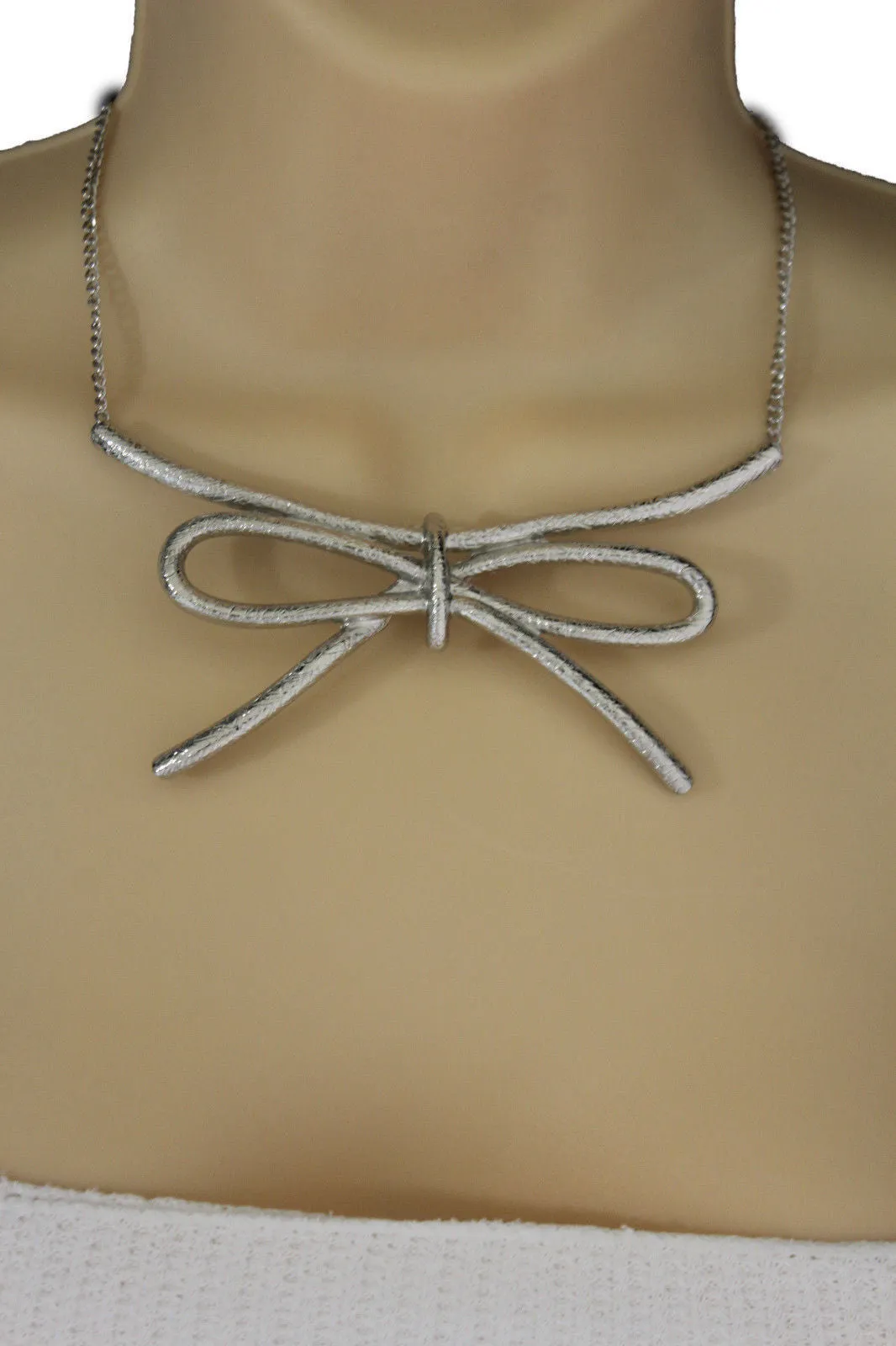 Copper Silver Chain Knot Bow Tie Charm Necklace Earrings Set
