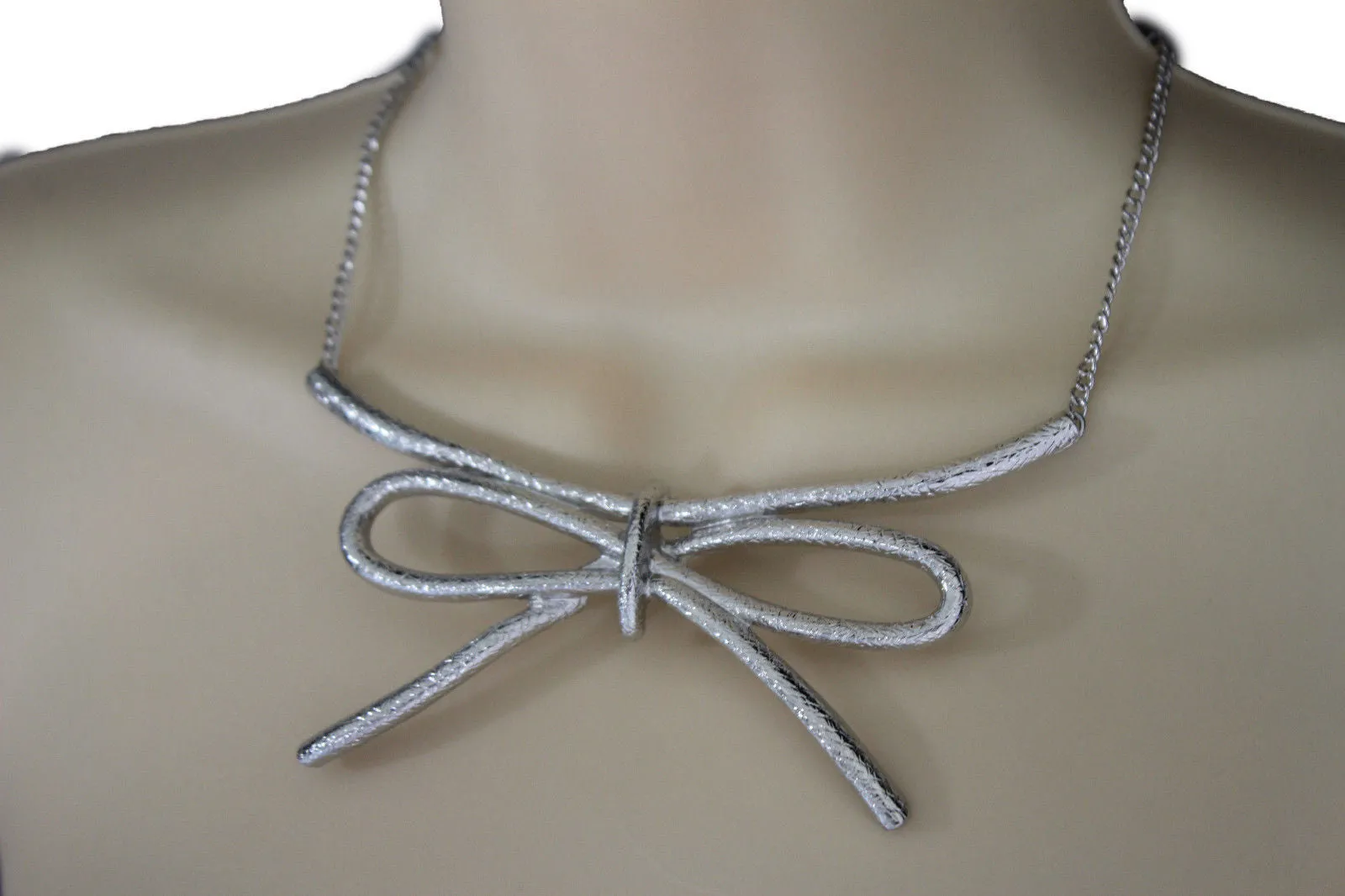 Copper Silver Chain Knot Bow Tie Charm Necklace Earrings Set