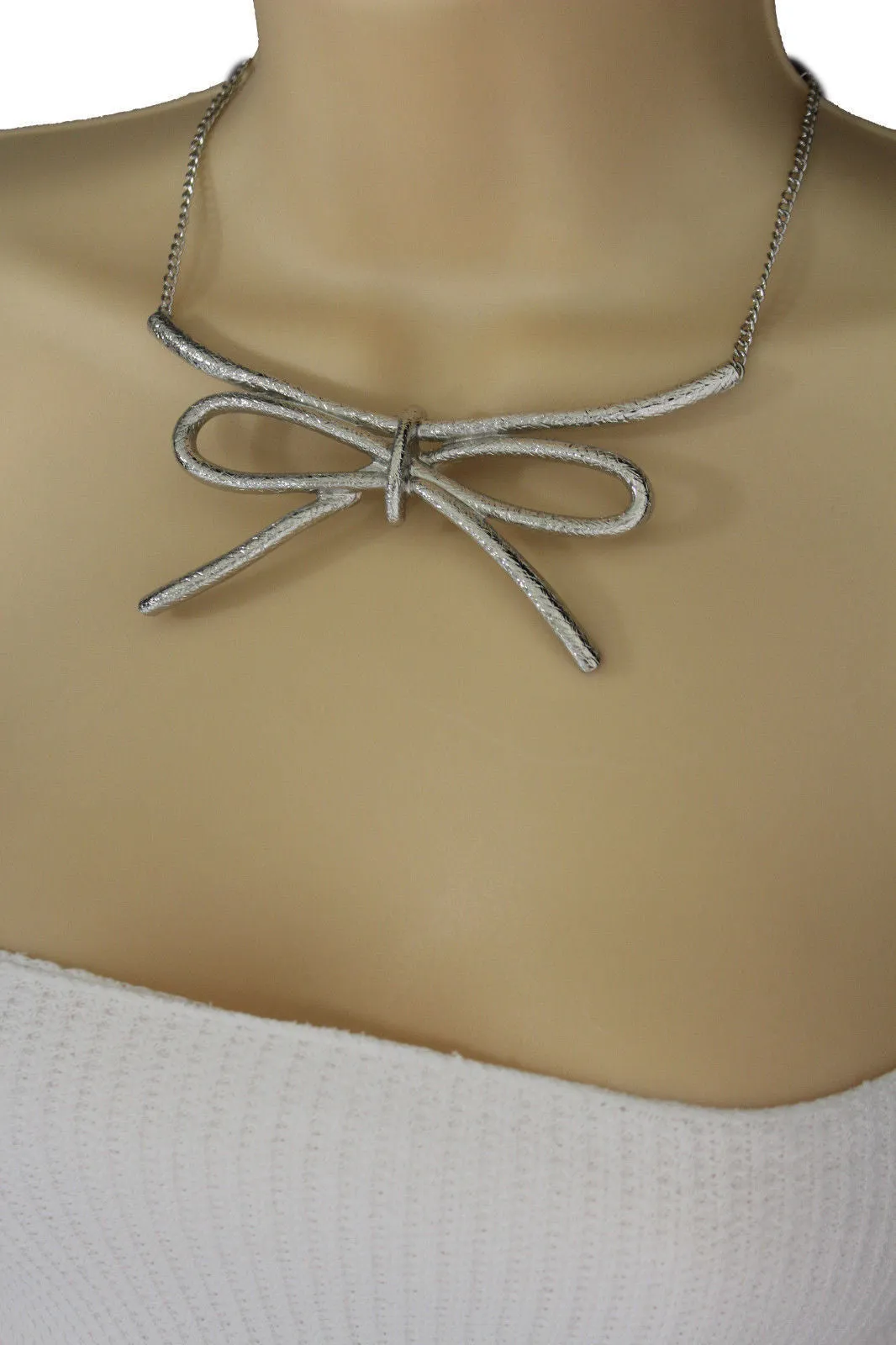 Copper Silver Chain Knot Bow Tie Charm Necklace Earrings Set
