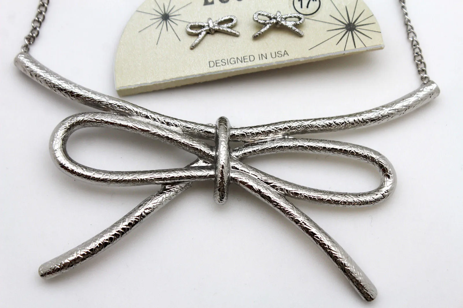Copper Silver Chain Knot Bow Tie Charm Necklace Earrings Set