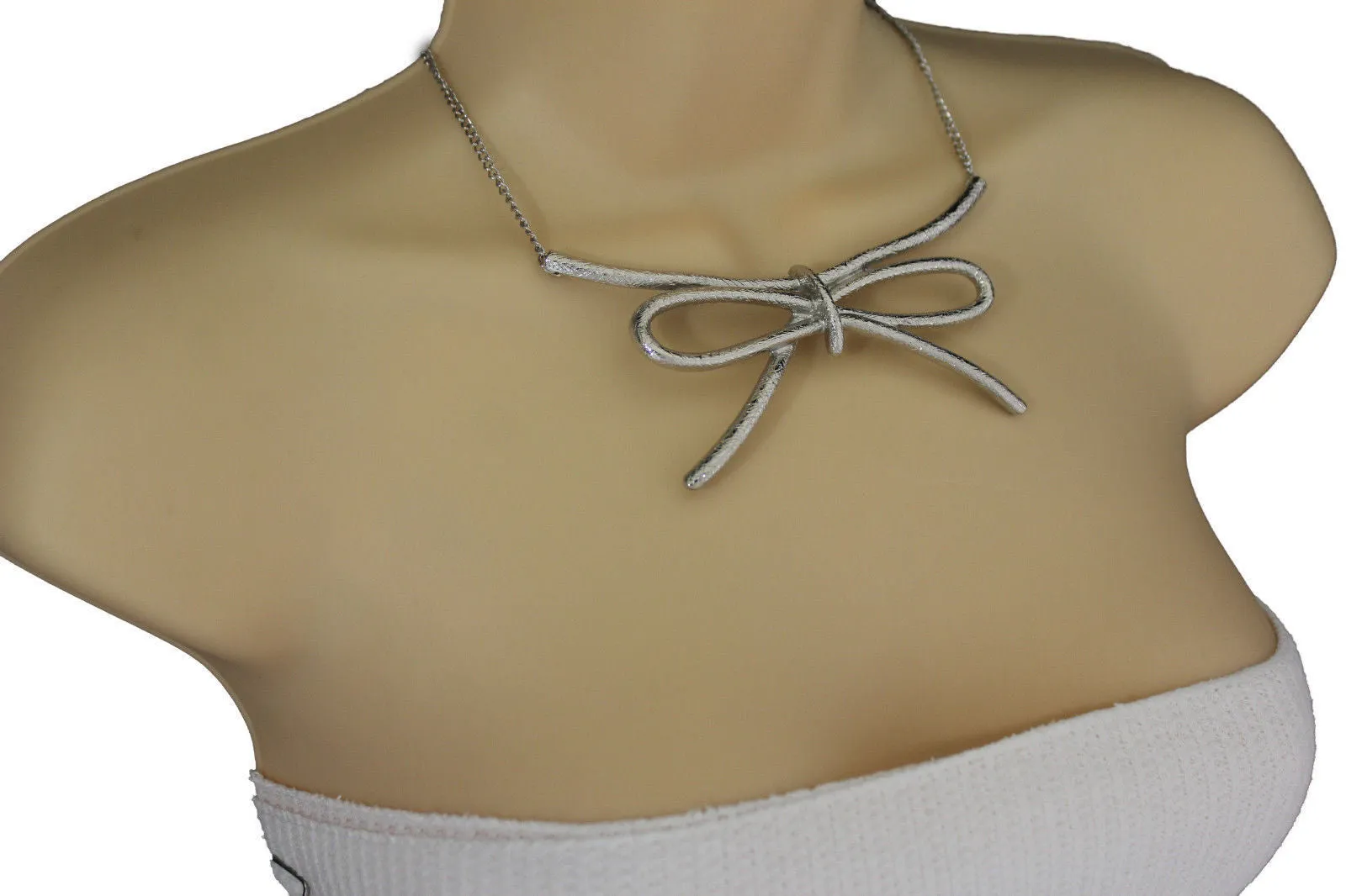 Copper Silver Chain Knot Bow Tie Charm Necklace Earrings Set