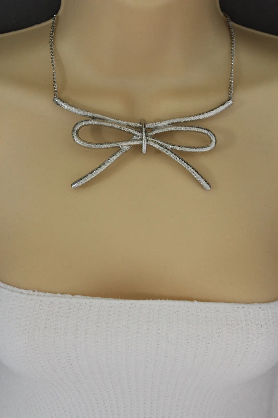 Copper Silver Chain Knot Bow Tie Charm Necklace Earrings Set