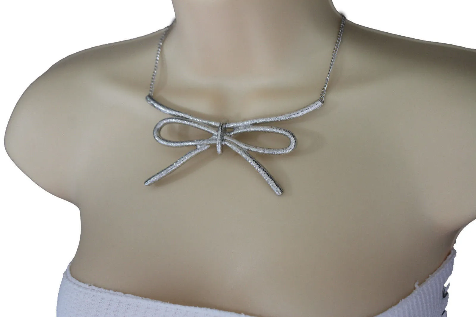 Copper Silver Chain Knot Bow Tie Charm Necklace Earrings Set