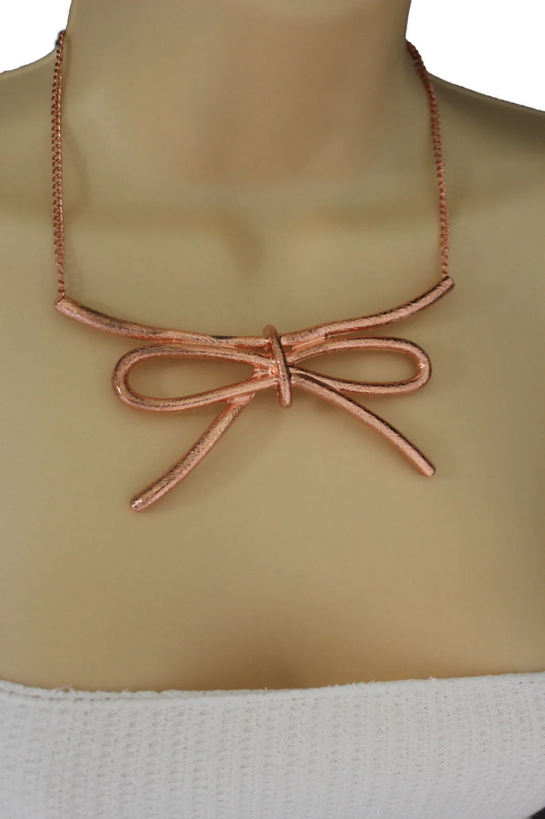Copper Silver Chain Knot Bow Tie Charm Necklace Earrings Set